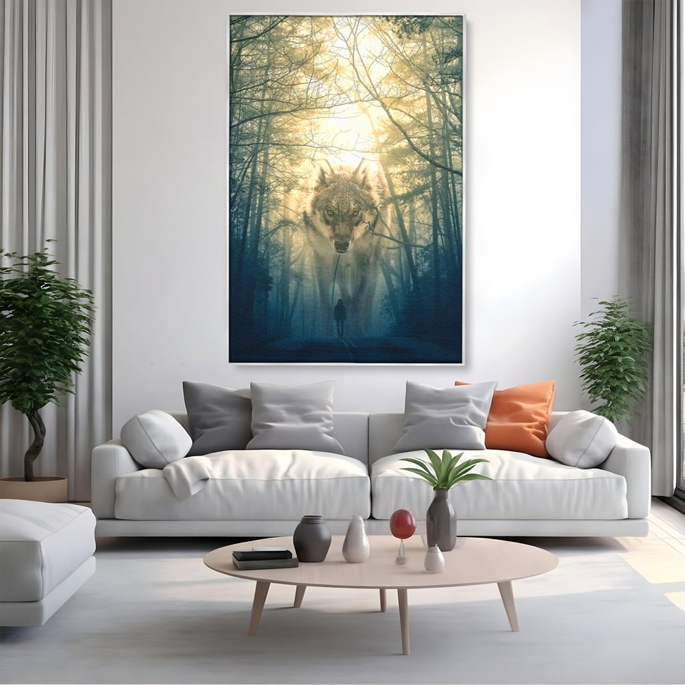 Tablou canvas cu ilustratie digitala cu un lup gigant si o silueta umana, in rama de aluminiu argintiu, pe perete intr-un living